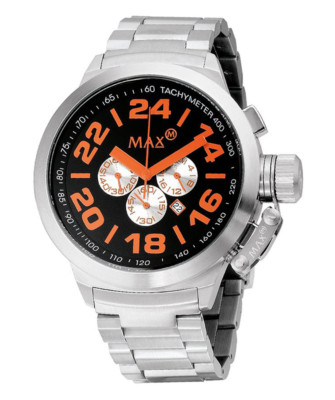 Pre-owned Max Watch The Classic Chrono 5atm Black/orange Dial S/s Bracelet 47mm 5-456