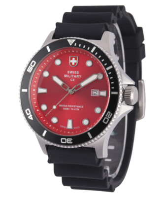 Pre-owned Swiss Military Cx  Calypso Diving Watch Swiss Quartz Date 10atm Red Dial 2883