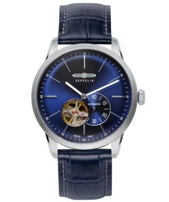 Pre-owned Zeppelin Flatline Automatic Watch Open Heart Clear Back Blue Dial 40mm 7364-3