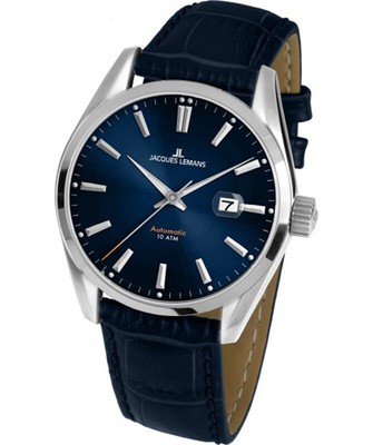Pre-owned Jacques Lemans 'classic' Automatic Date Watch 10atm 42mm Case Blue Strap & Dial