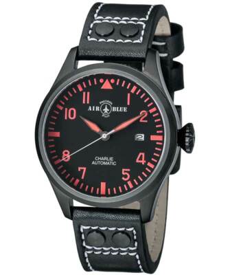 Pre-owned Air Blue Charlie Auto Watch Black Pvd 44mm Case Sapphire 10atm Black/red Dial