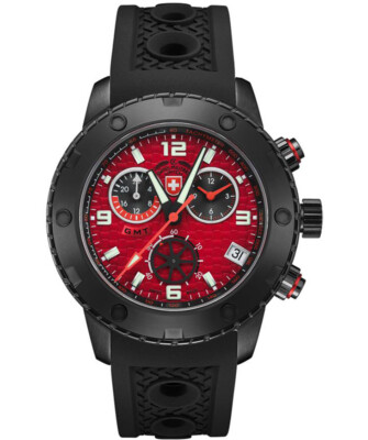 Pre-owned Cx Swiss Military Rallye Gmt Nero 44mm Dlc Case Chrono Watch Gmt Red Dial 2753
