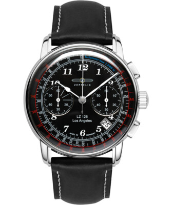 Pre-owned Zeppelin Lz126 Los Angeles Chrono Watch Ss 42mm Case Tachymeter Blk Dial 7614-2