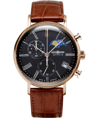 Pre-owned Zeppelin Lz120 Rome Swiss Quartz Chrono Watch 41mm Moonphase Black Dial 7196-2