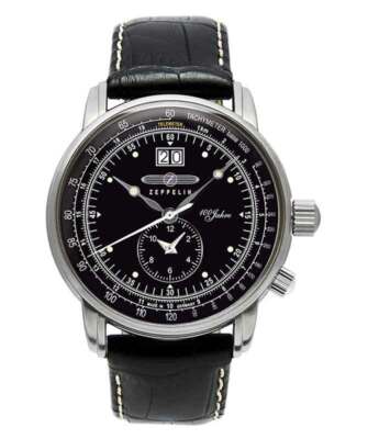 Pre-owned Zeppelin 100 Years Swiss Quartz Big Date Dual Time 50m Wr 42mm Black Dial 7640-2