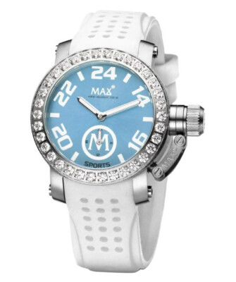 Pre-owned Max Sports Watch Xs36 Sky Blue Dial S/s Case Cubic Zirconia Bezel 36mm 5-559
