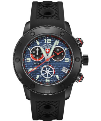 Pre-owned Cx Swiss Military Rallye Gmt Nero 44mm Dlc Case Chrono Watch Gmt Blue Dial 2752