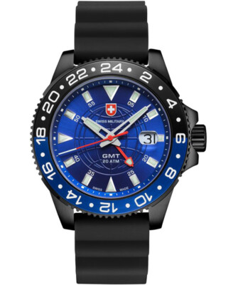 Pre-owned Cx Swiss Military Gmt Nero Scuba Swiss Watch Pvd Case 2nd T/zone Blu Dial 27771