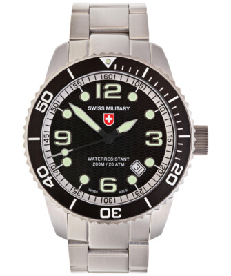 Pre-owned Cx Swiss Military Marlin Swiss Watch 20atm S/steel Bracelet Black Dial 2701