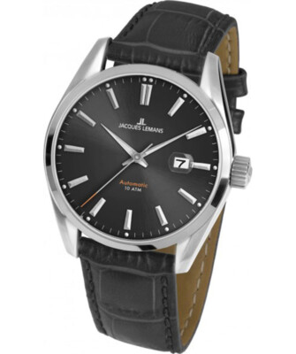 Pre-owned Jacques Lemans 'classic' Automatic Date Watch 10atm 42mm Case Black Strap & Dial