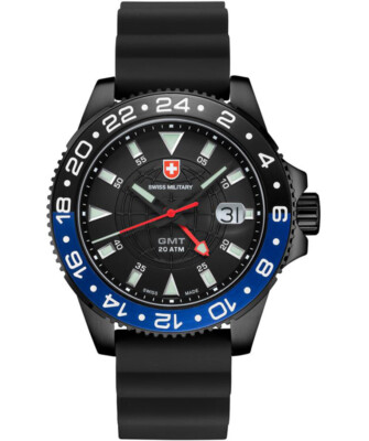 Pre-owned Cx Swiss Military Gmt Nero Scuba Swiss Watch Pvd Case 2nd T/zone Blk Dial 27761