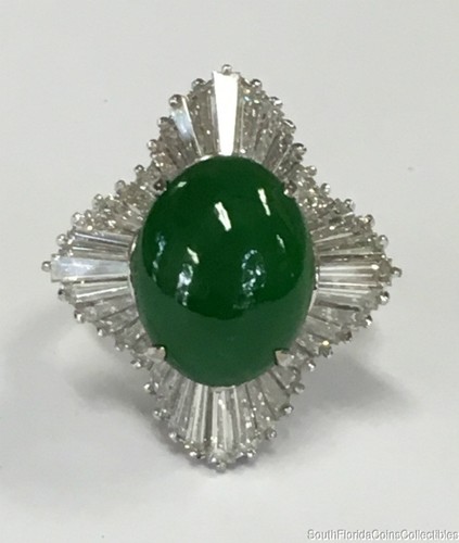 Estate Jewelry Cabochon Jadeite & Diamond Ring & Earrings 18K White Gold