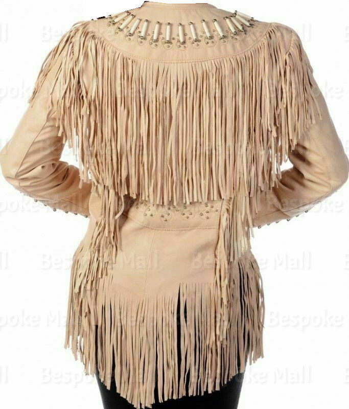 Pre-owned Handmade Women's Western Fringes Bones Suede Leather Jacket Native American Coat-427 In White