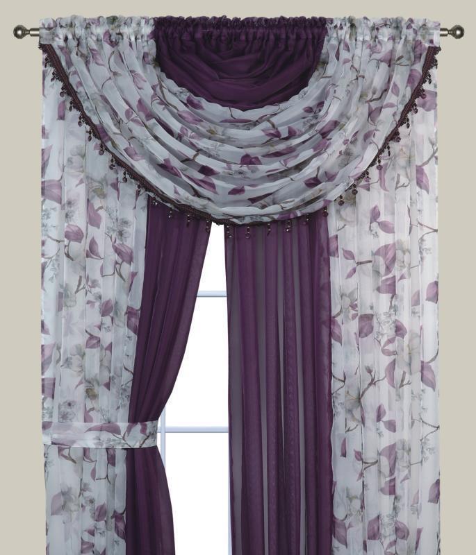 Complete Window Sheer Voile Curtain Panel Set with 4 Attached Panels