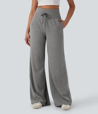 Halara Ribbed High Waisted Tummy Control Wide Leg Pants Women's S Pebble Grey