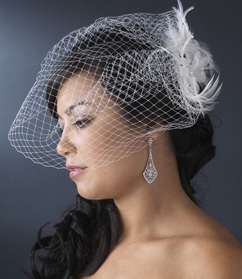 Wedding bridal Floral Feather crystal fascinator w/birdcage russian veil Ivory