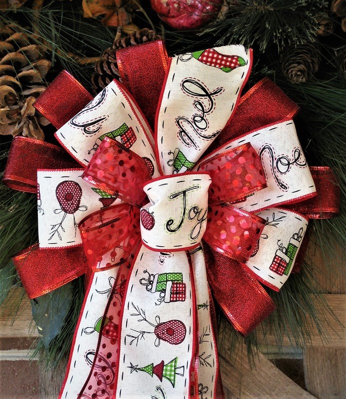 CHRISTMAS WHITE NOEL JOY REINDEER WIRED BOW WREATH SWAG GARLAND MAIL FENCE # 50