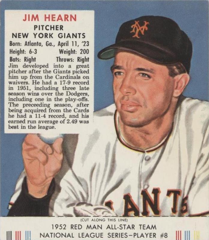 1952 Red Man Tobacco All-Star Team - Jim Hearn #8