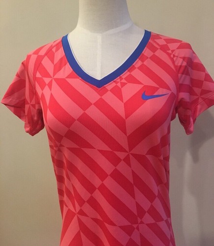 Nike Pro Dri-Fit Fitted Top Red Pink Geometric Women's Medium V Neck Tennis