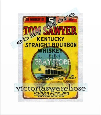 1930s Tom Sawyer Kentucky straight bourbon whiskey, Rathjen Bros tin sign San