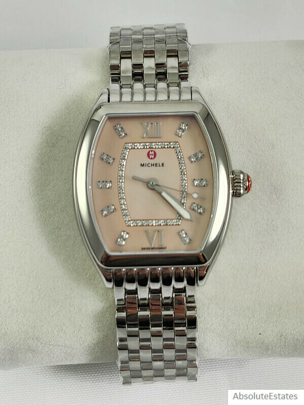 Pre-owned Michele Releve Mid 16 Silver Stainless Watch Blush Pink Mop Mww19b000007