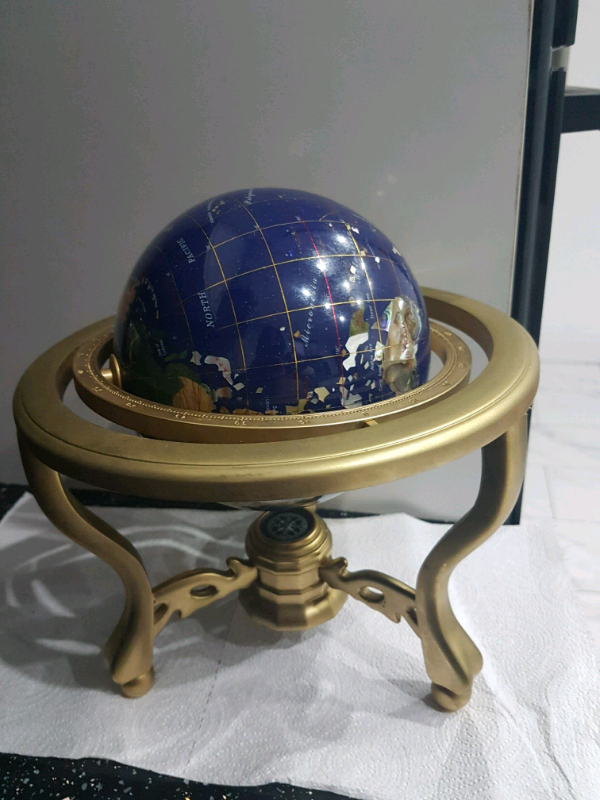 Gemstone World Globe on Brass Stand