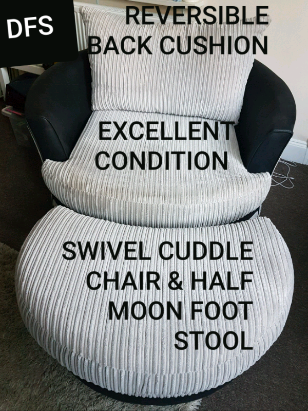 DFS GREY ROUND CUDDLE SWIVEL CHAIR & HALF MOON FOOT STOOL NEW in