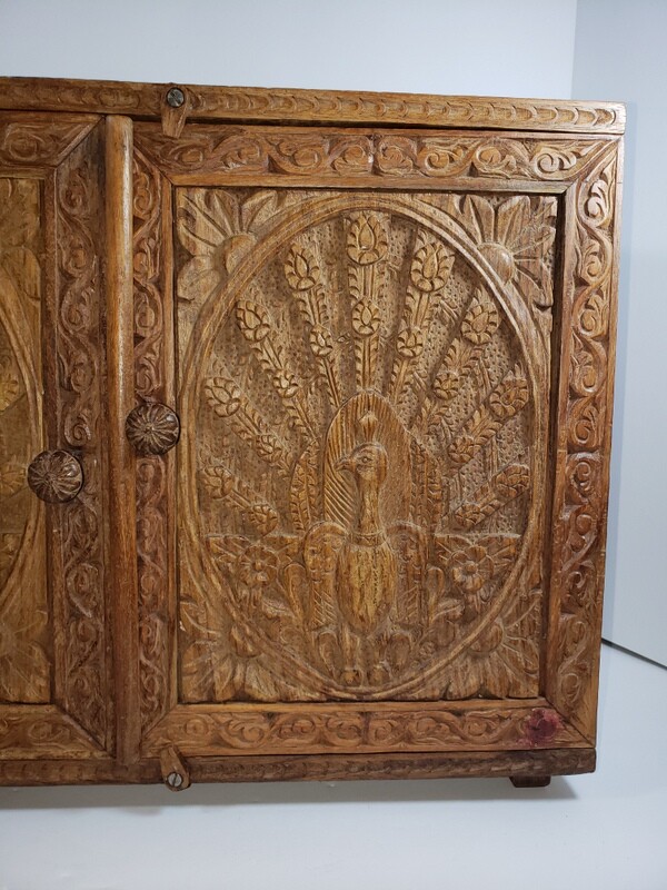 Vintage Hand Carved Wood Box Large Case Storage Letter Tape Holder Peacock Motif