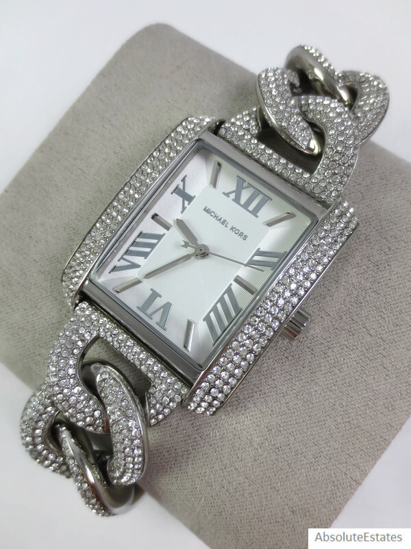 Pre-owned Michael Kors Emery Chain Pave Glitz Silver Bracelet Watch Mk7299