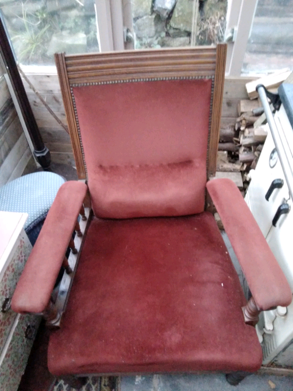 Pair antique ladies gentleman victorian fireside library chairs in