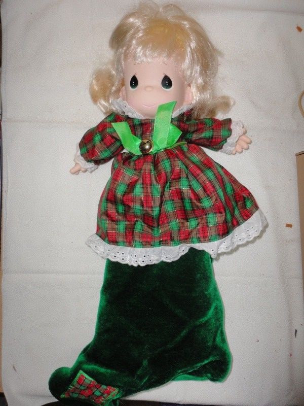 VTG. Precious Moments Composition Doll - Red & Green Dress/Matching Stocking
