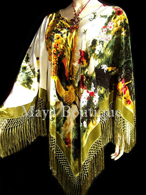 Pre-owned Maya Matazaro Peacock Poncho Shawl Top Silk Burnout Velvet Ivory Multi  In Ivory Olive Green Multi