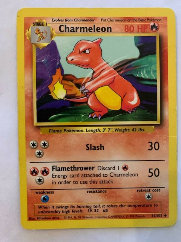 Rare Stage 1 Pokemon Charmeleon Card 24/102, 1995 80HP SLASH