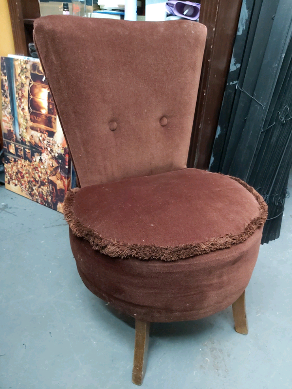 Low Seat High Back Chair - Quality Retro Vintage Bottoned Brown Velvet