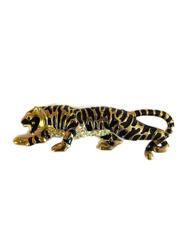 Vintage CRAFT Rhinestone Tiger Brooch Black Gold 1970s