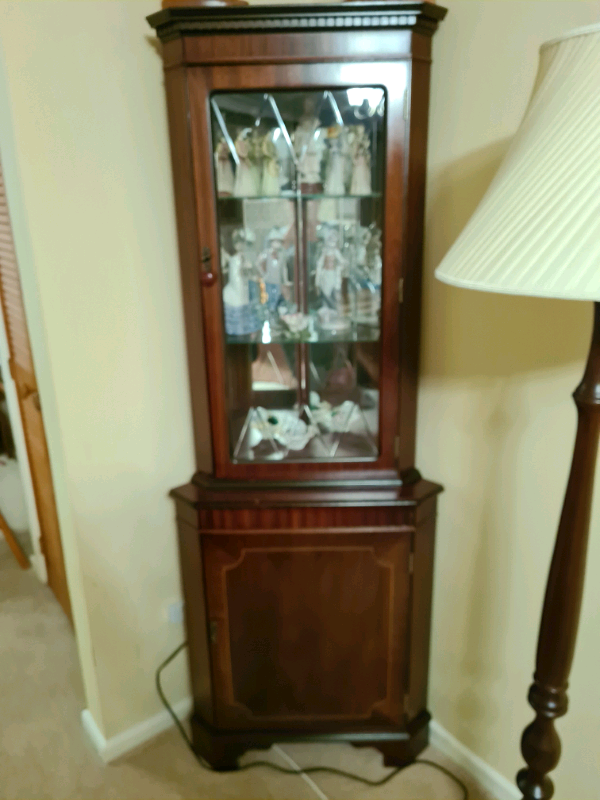 Dark wood mahogany colour tall corner glass display cabinet | in