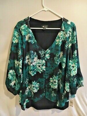 NWT Womens AGB Floral Split Front Blouse Size 3X Teal Multi V Neck