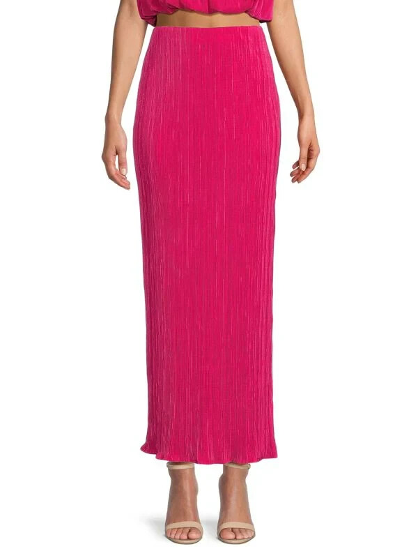Renee C. Plisse Side Slit Maxi Skirt Women's XS Pink Solid Elastic Waist Pull On - Picture 1 of 13