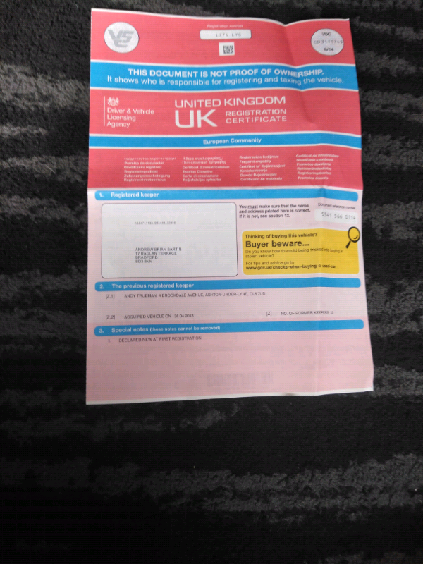 Logbook with vin and number place in Bradford, West Yorkshire Gumtree