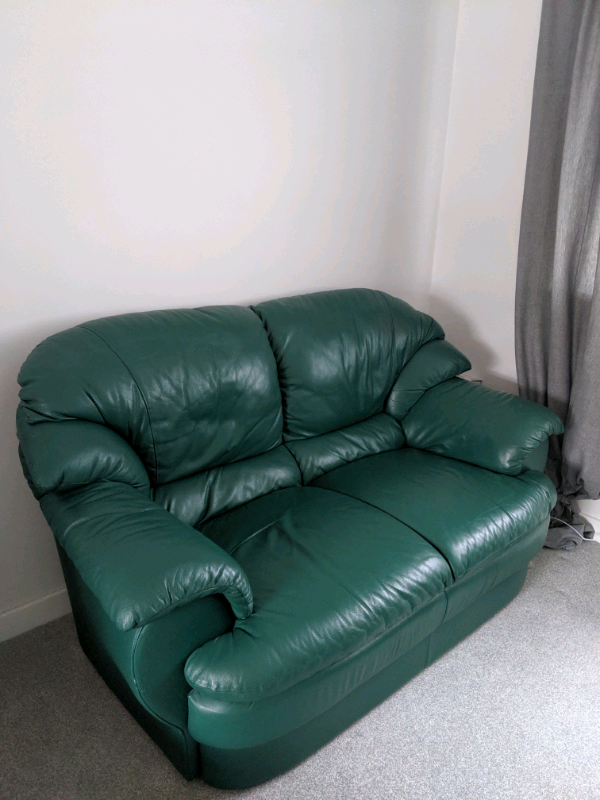 Green Leather Two Seater Sofa with Armchair and Pouffe in Dundee