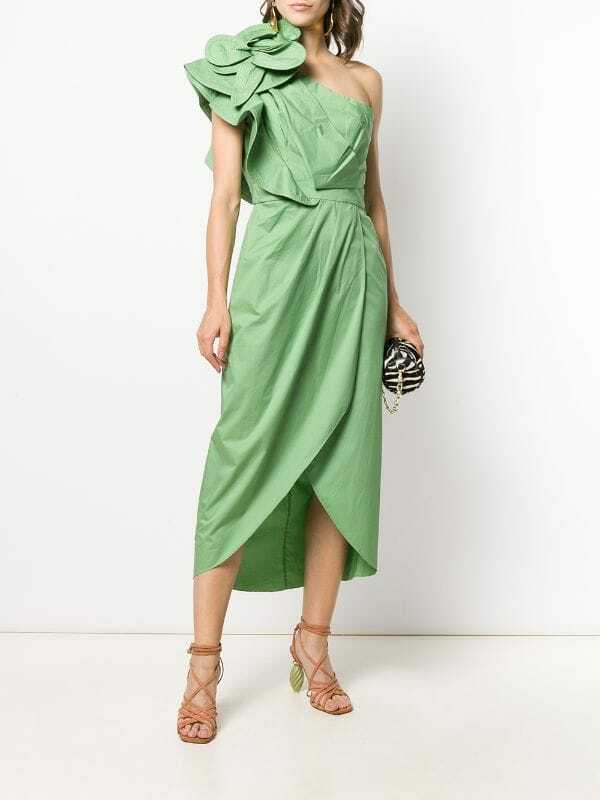 

JOHANNA ORTIZ Платье-тюльпан из поплина с розеткой в персидском стиле на одно плечо  ~ XS, Зеленый