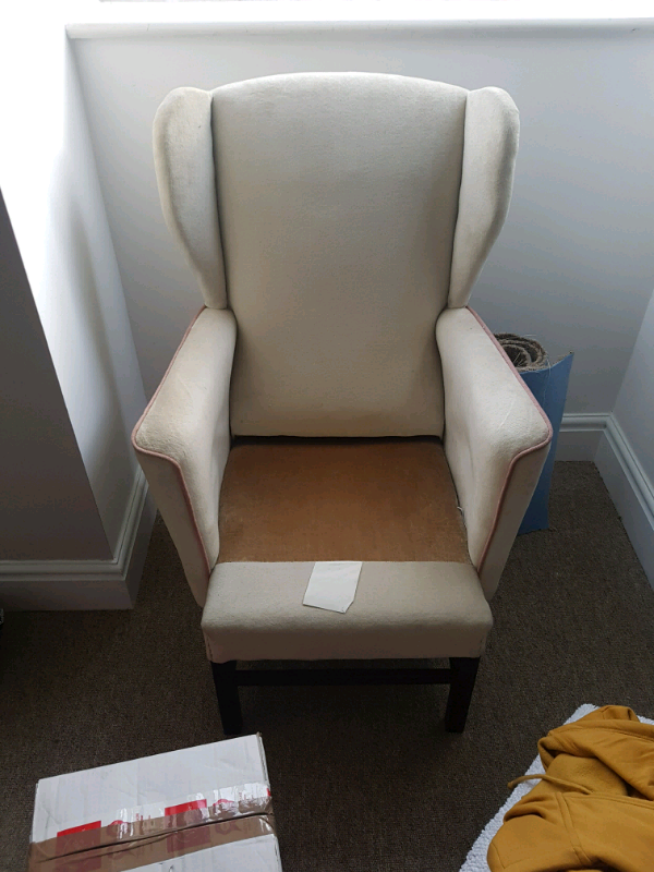 Armchair wingback chair cream beige neutral used vintage wood in