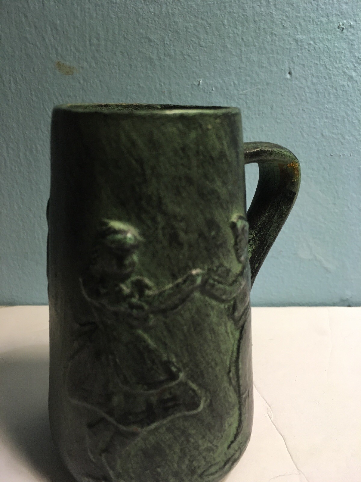 Miniature Ceramic Folk Art German Mug Dancers In Relief - Green / Black