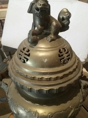 19th  century chinese large brass incense burner with foo dog on the lid