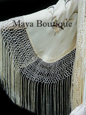 Pre-owned Maya Matazaro Silk Embroidered Fringe Kimono Flapper Jacket Vanilla  Usa Made In White