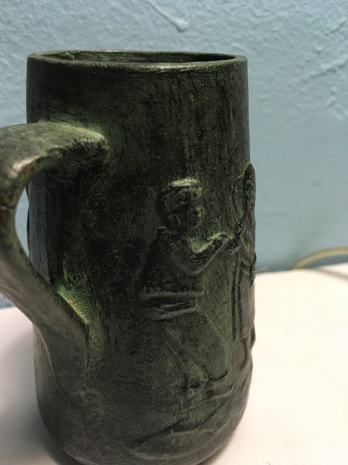 Miniature Ceramic Folk Art German Mug Dancers In Relief - Green / Black