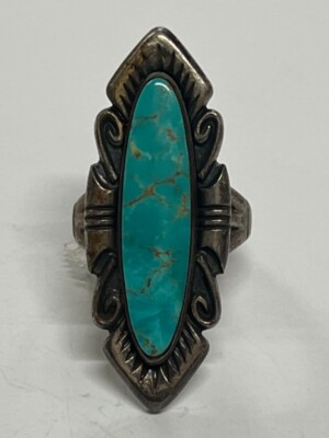 Southwestern Elongated Turquoise Ring Sterling Silver Size 6
