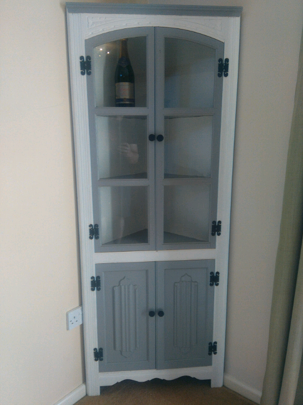 Vintage Country Style Wood Glass Display Corner Cabinet Unit White