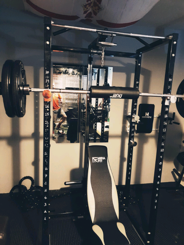Mirafit power rack weight lifting cage with upgraded cable system in