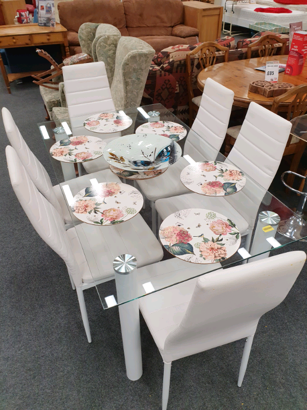 Bhf Glass Top Dining Table With White Leather Legs And Chairs